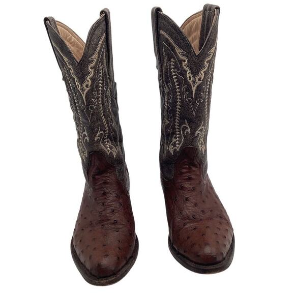 Men's Brown Ostrich Skin Western Boots Square Toe Mid-Calf - Picture 2 of 11